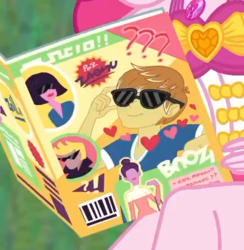 Size: 404x414 | Tagged: safe, screencap, feather bangs, pinkie pie, equestria girls, equestria girls series, friendship math, g4, cropped, geode of sugar bombs, glasses, magazine, male, solo
