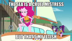 Size: 1080x608 | Tagged: safe, edit, edited screencap, screencap, pinkie pie, rarity, sci-twi, twilight sparkle, equestria girls, g4, my little pony equestria girls: better together, the salty sails, clothes, dialogue, image macro, meme, ocean, pose, sailing, ship, swimsuit