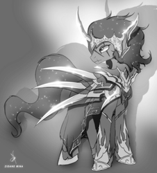 Size: 1302x1440 | Tagged: safe, artist:zidanemina, king sombra, pony, unicorn, g4, armor, crossover, curved horn, horn, looking back, male, monochrome, saint seiya, scar, signature, sketch, solo, spikes, stallion