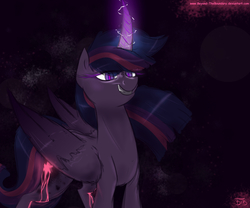 Size: 3000x2500 | Tagged: safe, artist:lrusu, twilight sparkle, alicorn, pony, g4, corrupted twilight sparkle, curved horn, evil smile, glowing cutie mark, glowing eyes, glowing horn, grin, high res, horn, slit pupils, smiling, twilight sparkle (alicorn)