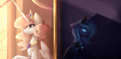 Size: 4100x2000 | Tagged: safe, artist:nutellaakanutella, princess celestia, princess luna, alicorn, pony, g4, castle of the royal pony sisters, crying, female, horn, jewelry, long horn, mare, regalia, royal sisters, siblings, sisters, slit pupils, smiling