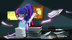 Size: 1280x720 | Tagged: safe, artist:jenniheartva, sci-twi, twilight sparkle, equestria girls, g4, alternate hairstyle, book, deadline, female, grin, looking at you, magic, night, paper, pile, smiling, solo, stack, telekinesis, writing