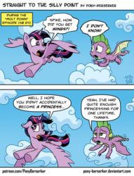 Size: 1032x1349 | Tagged: safe, artist:pony-berserker, spike, twilight sparkle, alicorn, dragon, pony, g4, molt down, cloud, comic, duo, female, flying, male, mare, pb you magnificent bastard, sky, speech bubble, twilight sparkle (alicorn), winged spike, wings