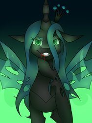 Size: 1024x1365 | Tagged: safe, artist:mlpsnowcloud, queen chrysalis, changeling, changeling queen, g4, blood, crown, female, floppy ears, gaze, grin, jewelry, looking at you, regalia, smiling, solo, spread wings, wings
