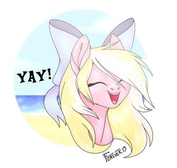 Size: 1138x1080 | Tagged: safe, artist:moonhoek, oc, oc only, oc:bay breeze, pony, rcf community, beach, bow, bust, commission, digital art, eyes closed, happy, ocean, open mouth, portrait, simple background, smiling, solo, summer, sunlight, windswept mane, yay, ych result