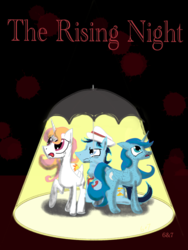 Size: 1536x2048 | Tagged: safe, artist:sixes&sevens, derpibooru exclusive, princess celestia, princess luna, fanfic:the rising night, g4, blood, doctor who, fanfic, fanfic art, fanfic cover, hat, pink-mane celestia, seventh doctor, the doctor, umbrella, young celestia, young luna, younger