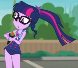 Size: 983x861 | Tagged: safe, screencap, sci-twi, twilight sparkle, human, equestria girls, equestria girls series, g4, x marks the spot, :o, clothes, cropped, female, food, geode of telekinesis, glasses, jewelry, necklace, open mouth, sci-twi swimsuit, solo, sushi, swimsuit, windswept hair