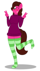 Size: 2621x4696 | Tagged: safe, artist:aarondrawsarts, oc, oc only, oc:rose bloom, anthro, blushing, clothes, cute, one eye closed, peace sign, simple background, socks, solo, stockings, striped socks, sweater, thigh highs, transparent background, tumblr, wink