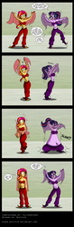 Size: 800x2426 | Tagged: safe, artist:niban-destikim, sci-twi, sunset shimmer, twilight sparkle, human, equestria girls, g4, armpits, belly button, belly dancer, belly dancer outfit, cartoon physics, comic, dumbo, duo, duo female, female, funny, funny as hell, glasses, harem outfit, inhaling, midriff, question mark, reference, slam, veil, wat, we are going to hell