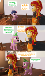 Size: 1920x3240 | Tagged: safe, artist:red4567, sci-twi, spike, spike the regular dog, sunset shimmer, twilight sparkle, dog, comic:zits, equestria girls, g4, 3d, clothes, comic, look-alike, skirt, source filmmaker, sunset shimmer's skirt, table