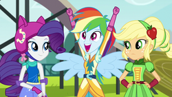 Size: 1280x720 | Tagged: safe, screencap, applejack, rainbow dash, rarity, equestria girls, g4, my little pony equestria girls: friendship games, archery clothes, braid, clothes, cute, dashabetes, female, friendship games archery outfit, friendship games motocross outfit, friendship games outfit, friendship games speedskating outfit, gloves, happy, headband, helmet, motocross outfit, motorcross, motorcycle outfit, ponied up, raribetes, smiling, speedskating outfit, track, tri-cross relay outfit