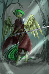 Size: 1000x1500 | Tagged: safe, artist:alicesmitt31, oc, oc only, oc:evergreen feathersong, pegasus, anthro, unguligrade anthro, anthro oc, armor, clothes, digital art, female, forest, green hair, green mane, green tail, lip bite, mare, signature, solo, spread wings, standing, sword, weapon, wings, ych result