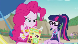 Size: 1920x1080 | Tagged: safe, screencap, pinkie pie, sci-twi, twilight sparkle, equestria girls, friendship math, g4, my little pony equestria girls: better together, beach, clothes, duo, duo female, female, swimsuit, umbrella