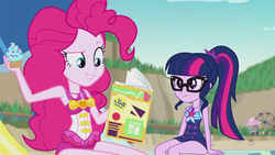 Size: 1920x1080 | Tagged: safe, screencap, pinkie pie, sci-twi, twilight sparkle, equestria girls, friendship math, g4, my little pony equestria girls: better together, beach, clothes, cupcake, duo, duo female, female, food, swimsuit, umbrella