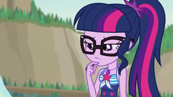 Size: 1920x1080 | Tagged: safe, screencap, sci-twi, twilight sparkle, equestria girls, friendship math, g4, my little pony equestria girls: better together, beach, clothes, female, solo, swimsuit, thinking