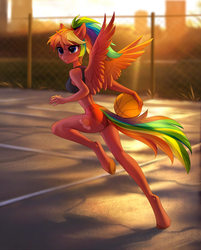 Size: 1400x1739 | Tagged: safe, artist:tomatocoup, oc, oc only, oc:spectrum dash, alicorn, anthro, unguligrade anthro, alicorn oc, asphalt, ball, basketball, clothes, explicit source, female, midriff, shorts, solo, sports, street, sunset, wings, ych result