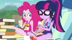 Size: 1280x720 | Tagged: safe, screencap, pinkie pie, sci-twi, twilight sparkle, equestria girls, friendship math, g4, my little pony equestria girls: better together, book, clothes, duo, duo female, female, geode of sugar bombs, geode of telekinesis, glasses, juice, lemonade, magical geodes, pinkie pie swimsuit, ponytail, sci-twi swimsuit, swimsuit