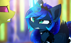 Size: 1995x1223 | Tagged: safe, artist:magnaluna, princess luna, thorax, alicorn, changedling, changeling, pony, celestial advice, g4, curved horn, cute, duo, ethereal mane, female, galaxy mane, glowing horn, horn pattern, king thorax, lunabetes, magic, mare, scene interpretation, starry mane