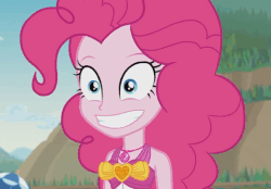 Size: 518x360 | Tagged: safe, screencap, pinkie pie, equestria girls, friendship math, g4, my little pony equestria girls: better together, animated, beach, clothes, female, gif, head shake, nodding, swimsuit