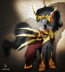 Size: 1302x1440 | Tagged: safe, artist:zidanemina, king sombra, pony, unicorn, g4, armor, colored, colored sketch, crossover, curved horn, horn, looking back, male, saint seiya, scar, signature, sketch, solo, spikes, stallion