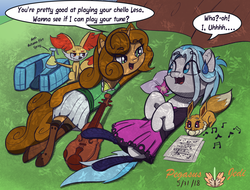 Size: 2441x1860 | Tagged: safe, artist:floofyfoxcomics, oc, oc only, oc:autumn science, oc:lesa castle, eevee, fennekin, pegasus, pony, unicorn, cello, clothes, dialogue, female, implied lesbian, implied shipping, innuendo, jacket, mare, misspelling, musical instrument, on back, pokémon, sheet music, skirt, stockings, thigh highs