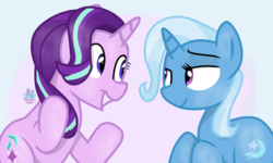 Size: 1903x1141 | Tagged: safe, artist:rainbow eevee, starlight glimmer, trixie, pony, unicorn, g4, female, looking at each other, mare, simple background, smiling, white background