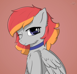 Size: 2248x2160 | Tagged: safe, artist:drarkusss0, oc, oc only, oc:arian blaze, pegasus, pony, collar, female, high res, looking at you, mare, one eye closed, smiling, solo, wink