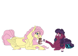Size: 3500x2500 | Tagged: safe, artist:jackiebloom, fluttershy, oc, oc:winona iv, oc:zap apple, dog, earth pony, pegasus, pony, g4, amputee, blaze (coat marking), coat markings, facial markings, female, filly, high res, magical lesbian spawn, mare, missing limb, mouth hold, offspring, parent:applejack, parent:coloratura, parents:rarajack, prone, puppy, simple background, socks (coat markings), transparent background