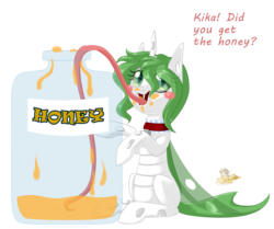 Size: 956x800 | Tagged: safe, artist:unisoleil, oc, oc only, oc:kika, changeling, albino changeling, dialogue, female, food, green changeling, honey, impossibly long tongue, jar, long tongue, simple background, solo, tongue out, transparent background