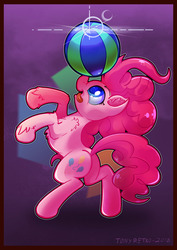 Size: 3508x4961 | Tagged: safe, artist:tony-retro, pinkie pie, earth pony, pony, g4, action pose, balancing, ball, balloonbutt, butt, cartoon, colored, ear fluff, female, mare, poster, solo, tongue out