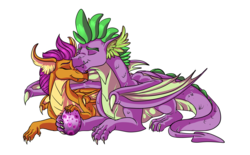 Size: 2754x1710 | Tagged: dead source, safe, artist:marbola, smolder, spike, dragon, g4, molt down, dragon egg, dragoness, egg, eyes closed, female, high res, male, nuzzling, older, older smolder, older spike, parent:smolder, parent:spike, parents:spolder, ship:spolder, shipping, simple background, straight, white background, winged spike, wings