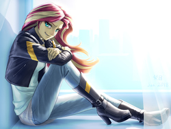 Size: 2200x1650 | Tagged: safe, artist:murskme, sunset shimmer, equestria girls, g4, beautiful, boots, clothes, featured image, female, grin, high heel boots, jacket, leather jacket, looking at you, pants, sexy, shoes, sitting, smiling, smirk, solo, window