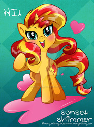 Size: 600x813 | Tagged: safe, artist:marybellamy, sunset shimmer, pony, unicorn, g4, cute, female, heart, mare, obtrusive watermark, open mouth, shimmerbetes, solo, watermark