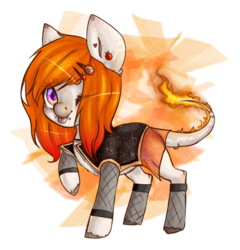 Size: 1100x1144 | Tagged: safe, artist:lastaimin, oc, oc only, earth pony, pony, augmented tail, chibi, clothes, female, fire, fishnet stockings, mare, one eye closed, piercing, simple background, solo, tail piercing, tongue out, transparent background, vest, wink