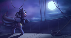 Size: 3000x1616 | Tagged: safe, artist:anti1mozg, oc, oc only, bat pony, pony, fanfic:in the heart of the storm, airship, bat pony oc, butt, clothes, crossed hooves, digital art, fanfic, fanfic art, female, full moon, glasses, moon, night, plot, ropes, solo