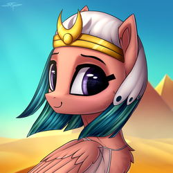 Size: 3000x3000 | Tagged: safe, artist:setharu, somnambula, pegasus, pony, g4, chest fluff, desert, female, high res, looking at you, mare, pyramid, smiling, solo