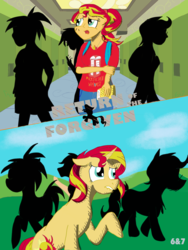 Size: 1536x2048 | Tagged: safe, artist:sixes&sevens, derpibooru exclusive, sunset shimmer, human, pony, unicorn, fanfic:return of the forgiven, equestria girls, g4, backpack, book, canterlot high, fanfic, fanfic art, fanfic cover, human sunset, lockers, silhouette