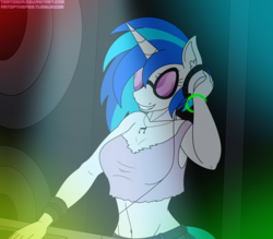 Size: 1600x1400 | Tagged: safe, artist:terton, dj pon-3, vinyl scratch, unicorn, anthro, g4, belly button, belt, clothes, cutie mark necklace, ear fluff, female, glasses, glowstick, grin, headphones, jewelry, mare, midriff, necklace, smiling, solo, speaker, sunglasses, turntable