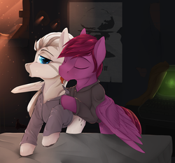 Size: 3000x2800 | Tagged: safe, artist:chapaevv, oc, oc:crystal eclair, oc:tooty fruity, pegasus, pony, zebra, fallout equestria, fallout equestria: influx, bed, bullet hole, clothes, coat, computer, fanfic art, female, high res, licking, looking at each other, male, mushroom cloud, shirt, tongue out, tootyeclair, undressing, vault boy, zebra oc