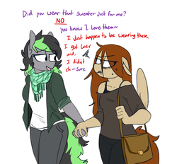 Size: 924x857 | Tagged: safe, artist:redxbacon, oc, oc only, oc:elli, oc:red stroke, pegasus, anthro, clothes, dialogue, female, holding hands, lesbian, purse, scarf, sweater, tsundere