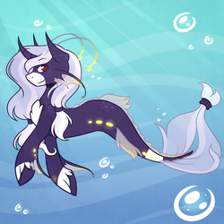 Size: 1000x1000 | Tagged: safe, artist:ak4neh, oc, oc only, unnamed oc, monster pony, pony, sea pony, seapony (g4), unicorn, bubble, crepuscular rays, dorsal fin, fish tail, flowing tail, ocean, red eyes, seaponified, solo, species swap, sunlight, swimming, tail, underwater, water