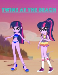 Size: 2550x3300 | Tagged: safe, artist:huntercwalls, sci-twi, twilight sparkle, equestria girls, g4, lost and found, my little pony equestria girls: better together, beach, bikini, clothes, converse, doppelganger, friendship, happy, high heels, high res, shoes, sunset, swimsuit, twolight