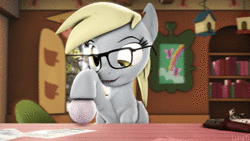 Size: 1280x720 | Tagged: safe, artist:lunalewdie, derpy hooves, pony, g4, 3d, 48 fps, animated, ball, blinking, book, bookshelf, chocolate, cute, derp, derpabetes, explicit source, eyebrows, female, fluttershy's cottage, food, glasses, loop, paper, playing, smiling, sound, source filmmaker, sun, table, toy, tree, webm, window