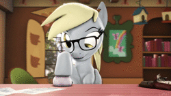 Size: 1280x720 | Tagged: safe, artist:lunalewdie, derpy hooves, pony, g4, 3d, 48 fps, animated, ball, blinking, book, bookshelf, chocolate, cute, derp, derpabetes, explicit source, explosion, eyebrows, female, fluttershy's cottage, food, glasses, paper, playing, smiling, sound, source filmmaker, sun, table, toy, tree, webm, window