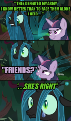 Size: 640x1080 | Tagged: safe, edited screencap, screencap, mean twilight sparkle, queen chrysalis, alicorn, changeling, changeling queen, pony, g4, the mean 6, clone, comic, crying, dialogue, female, former queen chrysalis, image macro, meme, pure unfiltered evil, sad, screencap comic