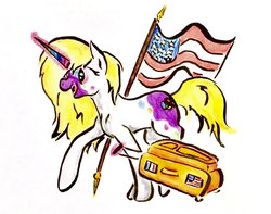 Size: 1024x807 | Tagged: safe, artist:colorsceempainting, oc, oc only, pony, flag, solo, traditional art, travelling, trip, united states, watercolor painting