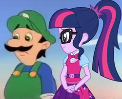 Size: 991x807 | Tagged: safe, artist:ponysloud99, sci-twi, twilight sparkle, equestria girls, g4, 1000 hours in ms paint, crack shipping, it came from deviantart, luigi, luitwi, male, shipping, the adventures of super mario bros. 3