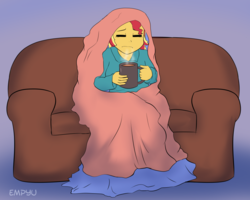 Size: 1000x800 | Tagged: safe, artist:empyu, sunset shimmer, equestria girls, g4, 30 minute art challenge, blanket, chocolate, couch, eyes closed, female, food, hot chocolate, mug, sitting, solo