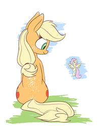 Size: 1600x2000 | Tagged: safe, artist:heir-of-rick, applejack, fluttershy, earth pony, pegasus, pony, daily apple pony, g4, back freckles, duo, ear freckles, female, flying, freckles, hidden cane, mare, micro, sitting, size difference