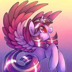 Size: 1200x1200 | Tagged: safe, artist:pug-pug, twilight sparkle, alicorn, pony, g4, colored pupils, colored wings, cute, female, gradient background, happy, looking up, mare, profile, rainbow power, solo, sparkly, sparkly mane, twiabetes, twilight sparkle (alicorn)
